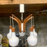 Teak and opaline Rispal chandelier, circa 1960.