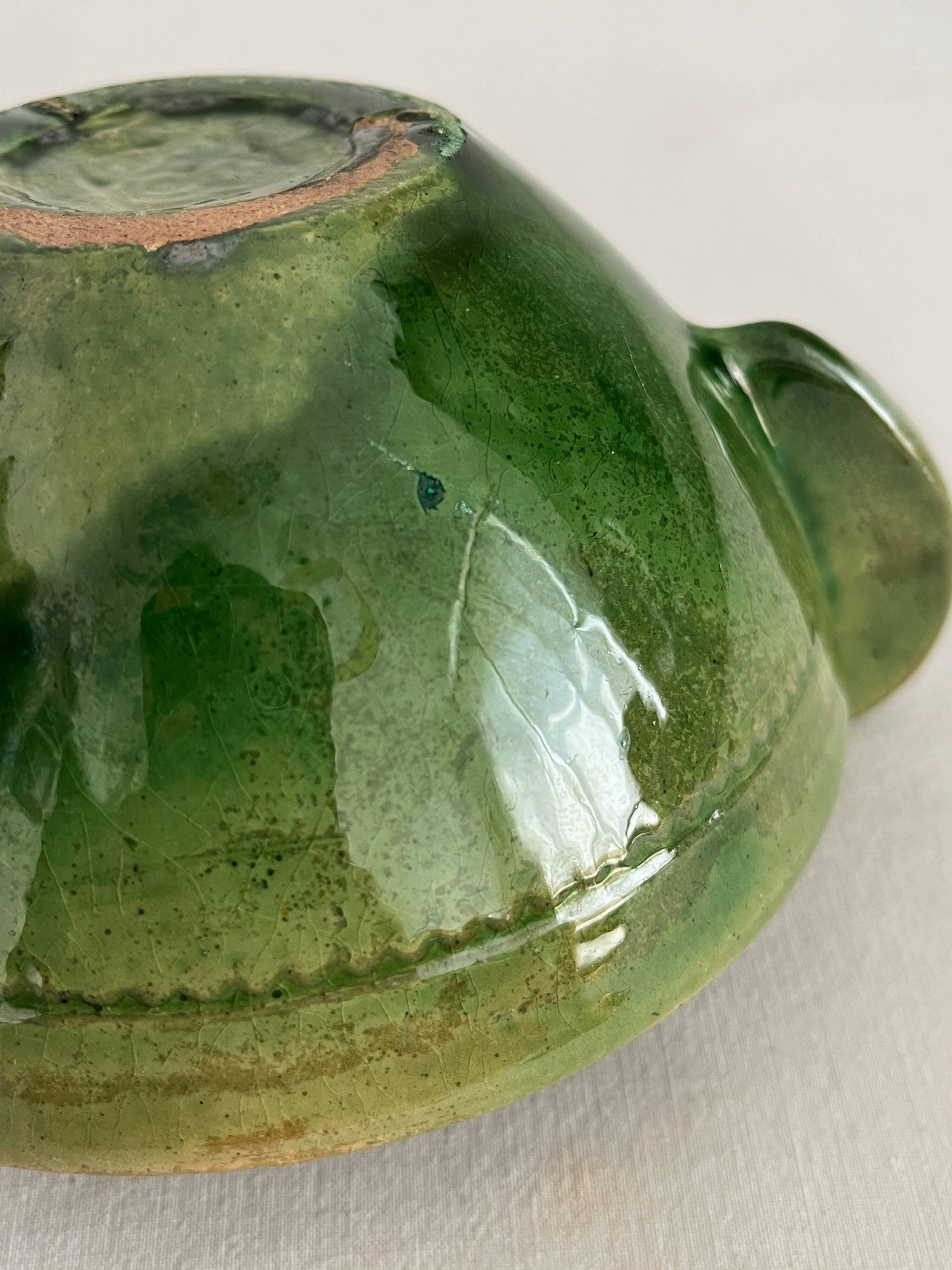 Antique green glazed ceramic bowl with handles, Tamegroute type