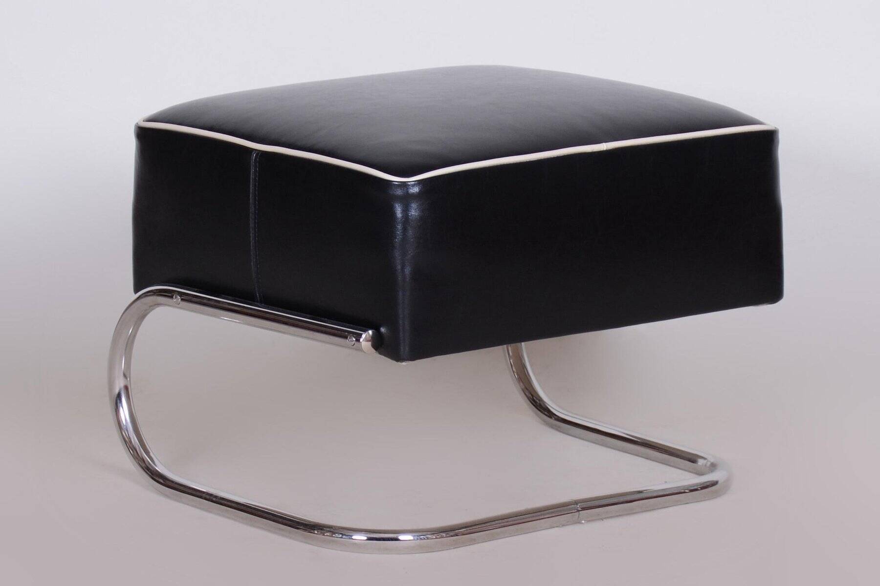 Black Leather Footstool from Slezák, Czechia, 1930s