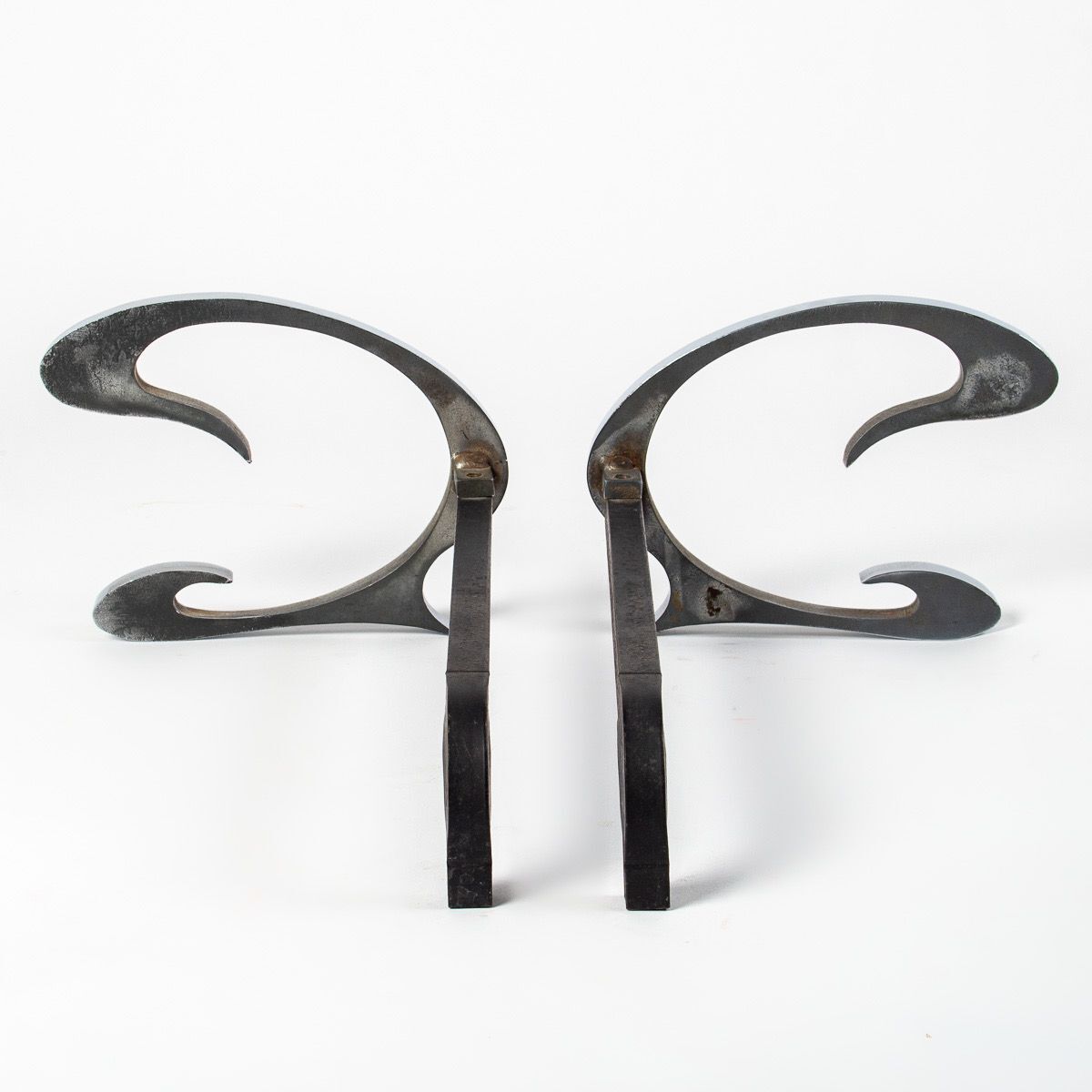 Pair of brushed steel chenets by Jean-Paul Créations circa 1970s