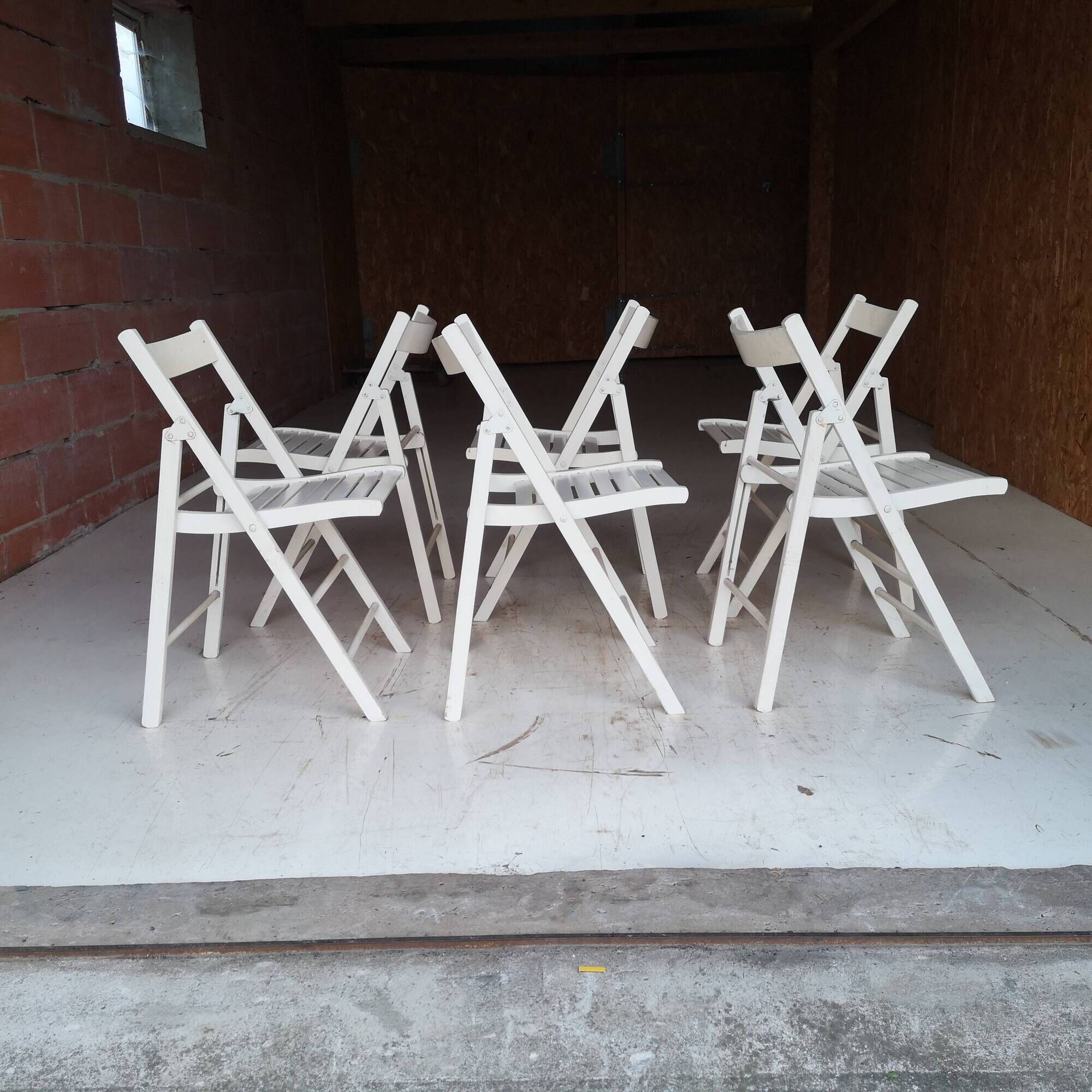 Set of 6 White Wooden Folding Chairs Vintage Scandinavian Style 1980s