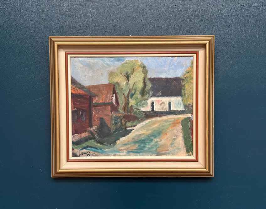 Original Mid Century Swedish Oil On Canvas – “Suburbia” By Erik Hult