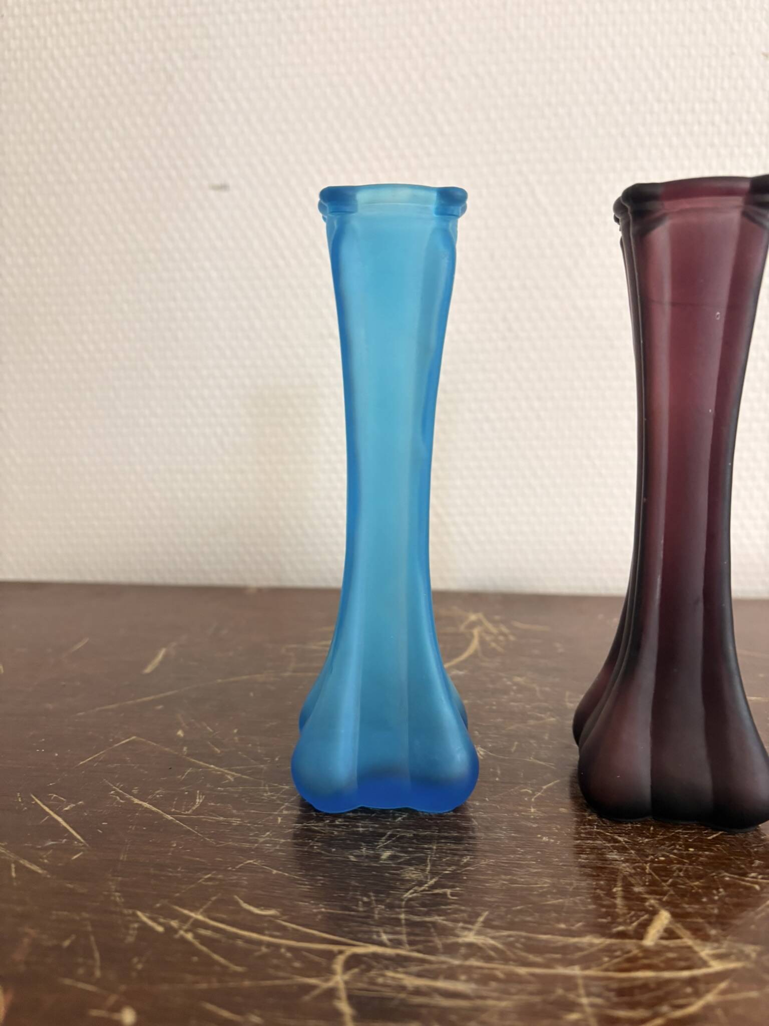 Antique Pair of Art Nouveau Frosted Glass Soliflore Vases in Blue and Purple