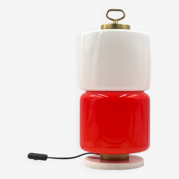 Space Age Red and white glass cylindrical table lamp, Italy 1970s