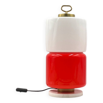 Lampe de table cylindrique en verre rouge et blanc Space Age, Italie 1970
