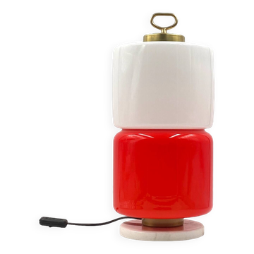 Lampe de table cylindrique en verre rouge et blanc Space Age, Italie 1970