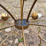 Suspension sputnik, 8 lights, brass, tulips opaque glass, vintage, 50s