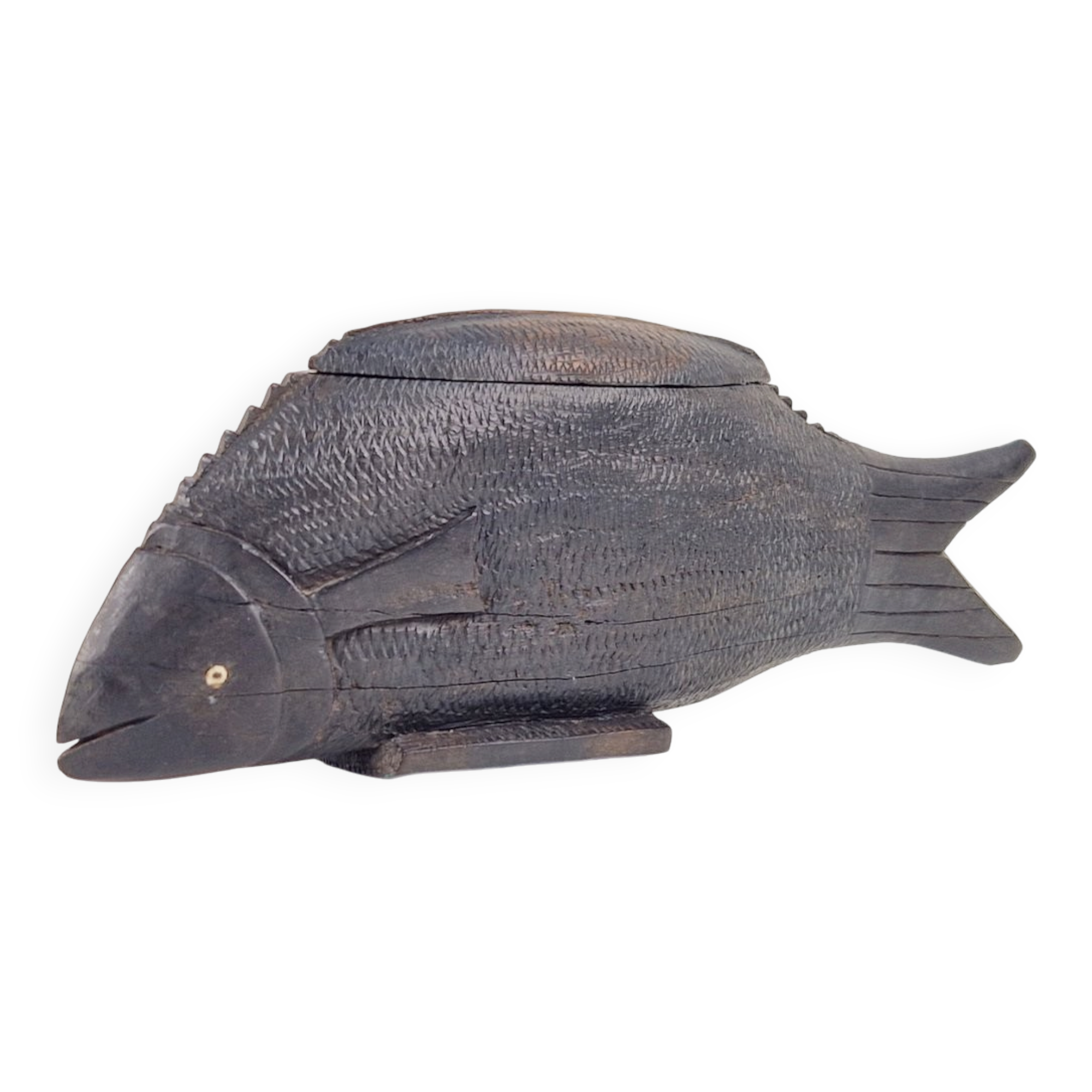 Vintage African Fish Storage Container in Hand-Carved Ebony, 1950s