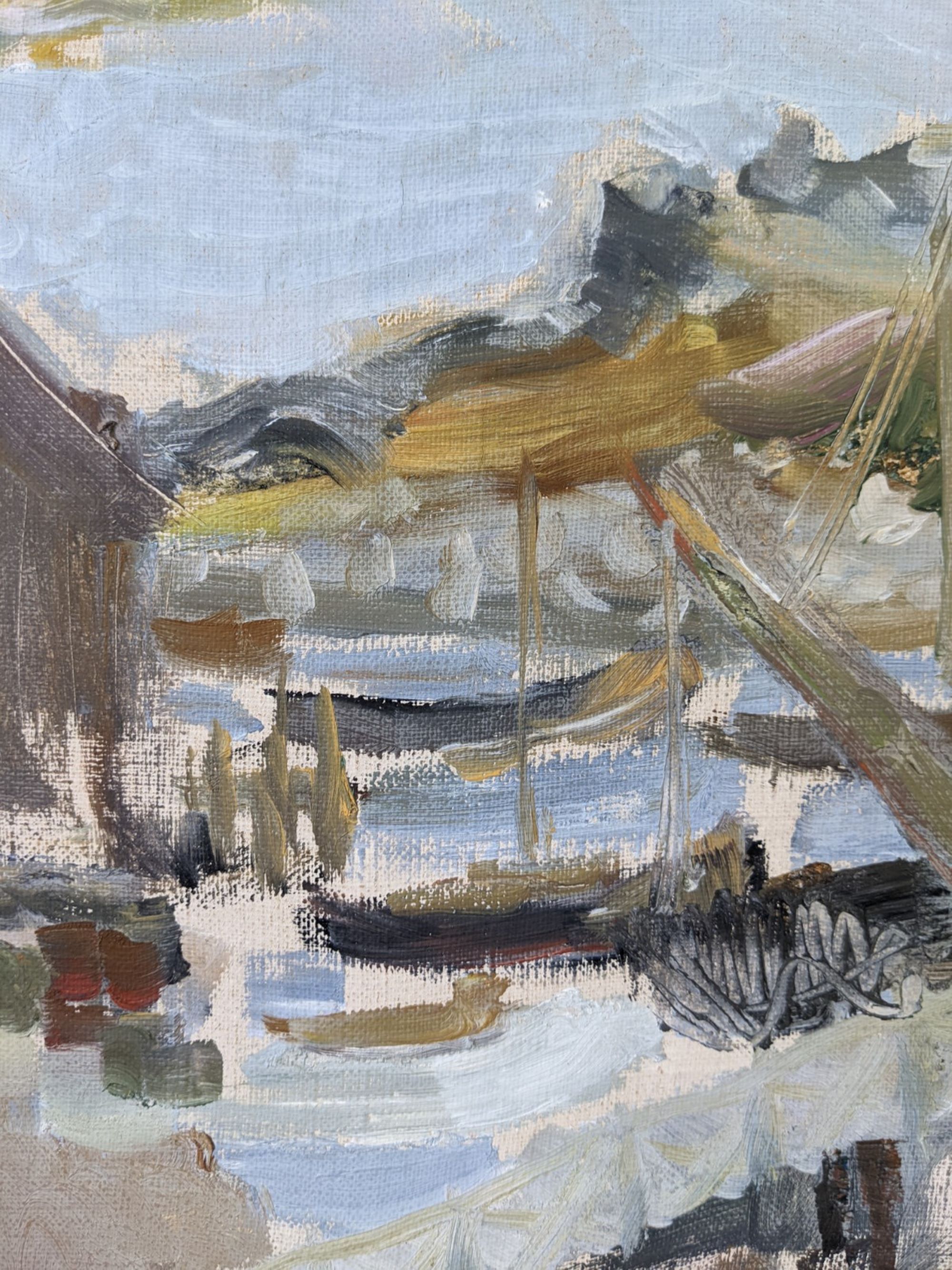 Mid-century modern swedish "archipelago boats" vintage seascape, framed oil painting