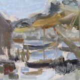 Mid-century modern swedish "archipelago boats" vintage seascape, framed oil painting