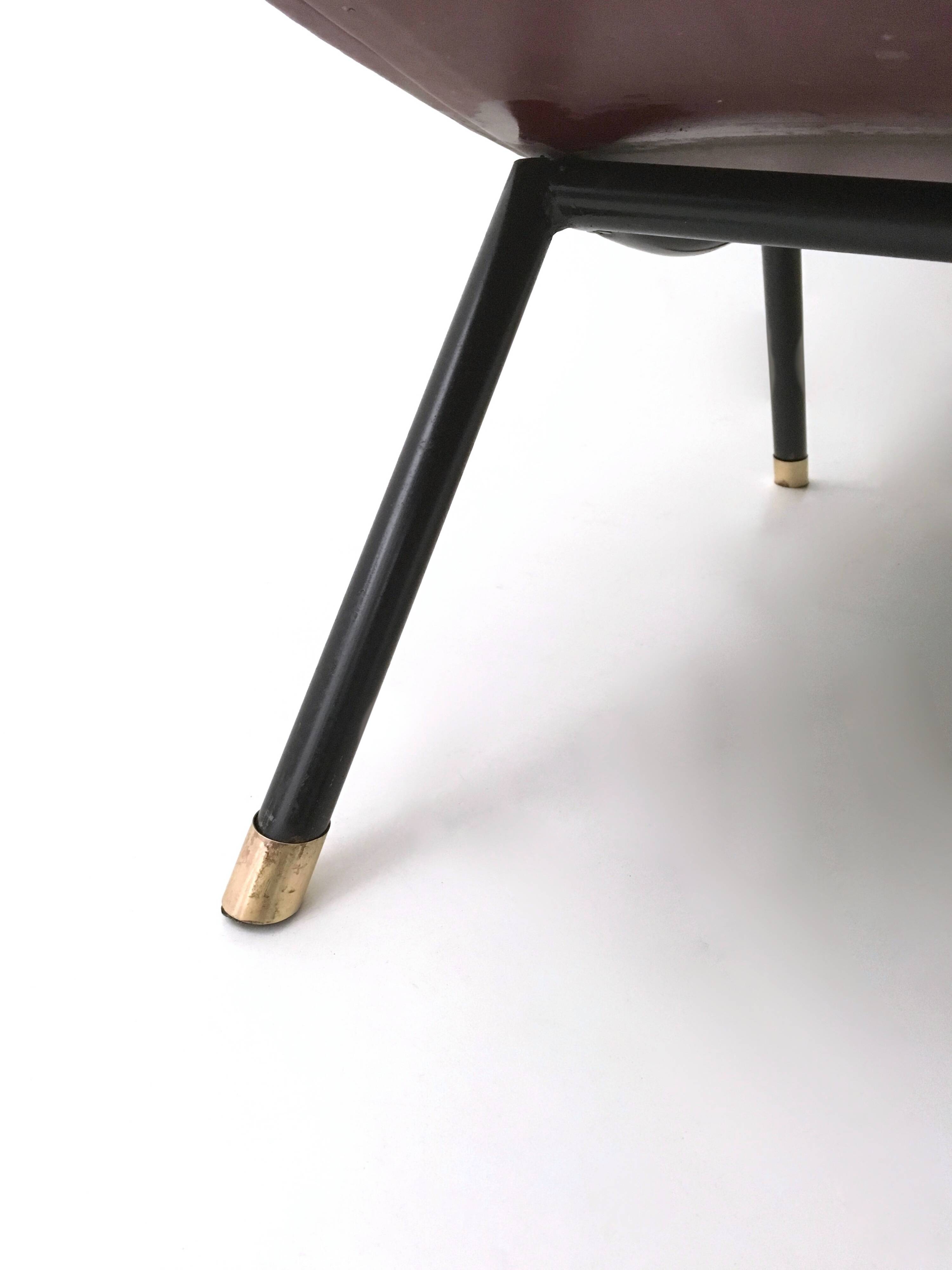 Burgundy Skai, Brass and Metal Lounge Chair, Italy