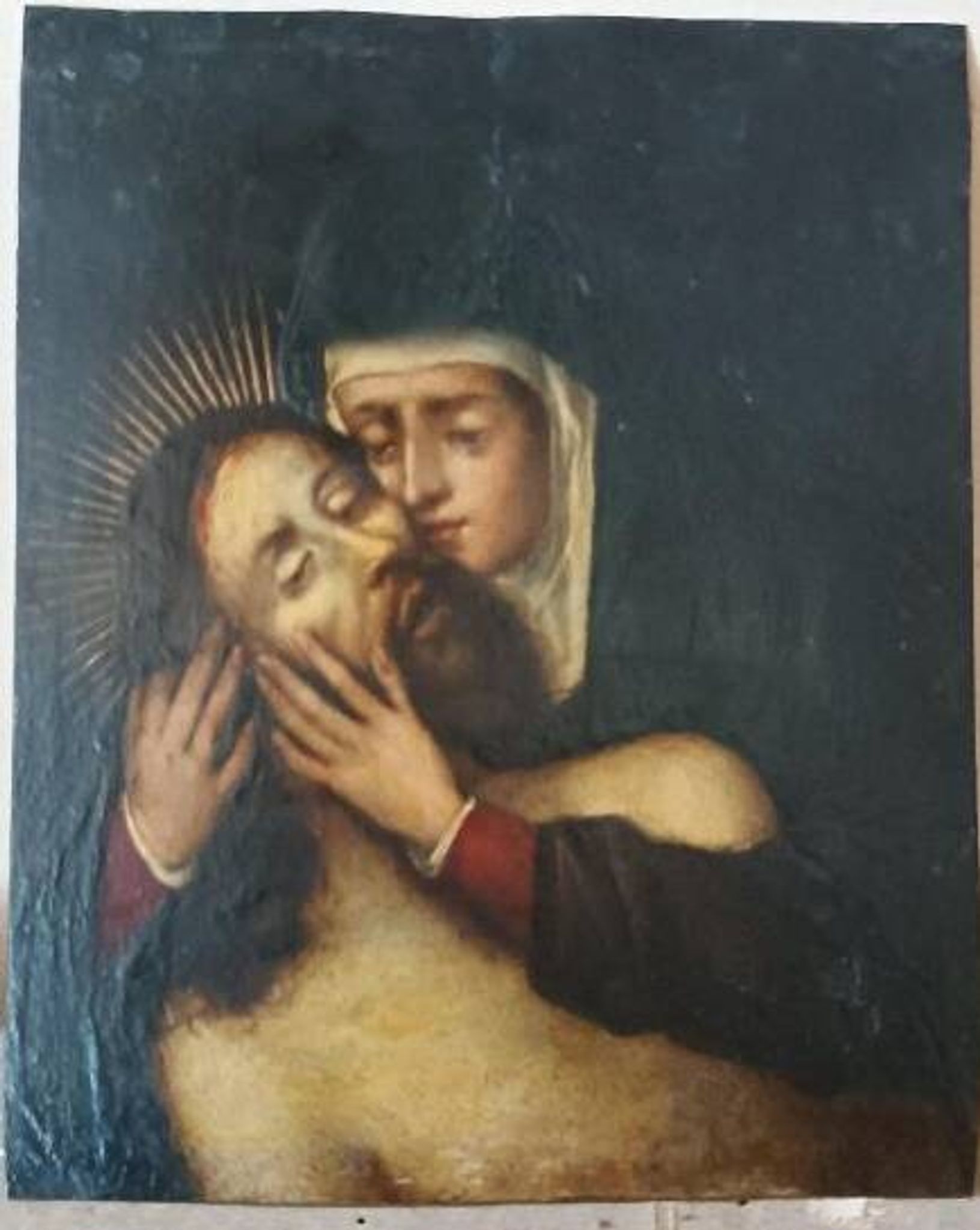 Peinture sur cuivre ancienne du XVIIe siècle - Marie avec le Christ -