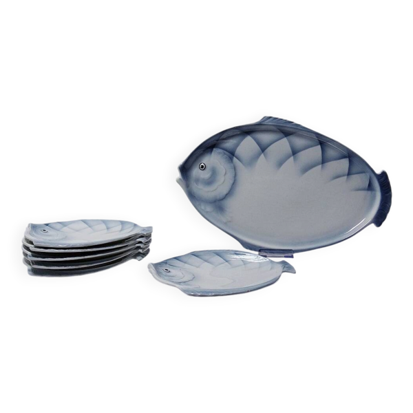 Service à poisson vintage en faïence Tchécoslovaque, 6 assiettes et un plat
