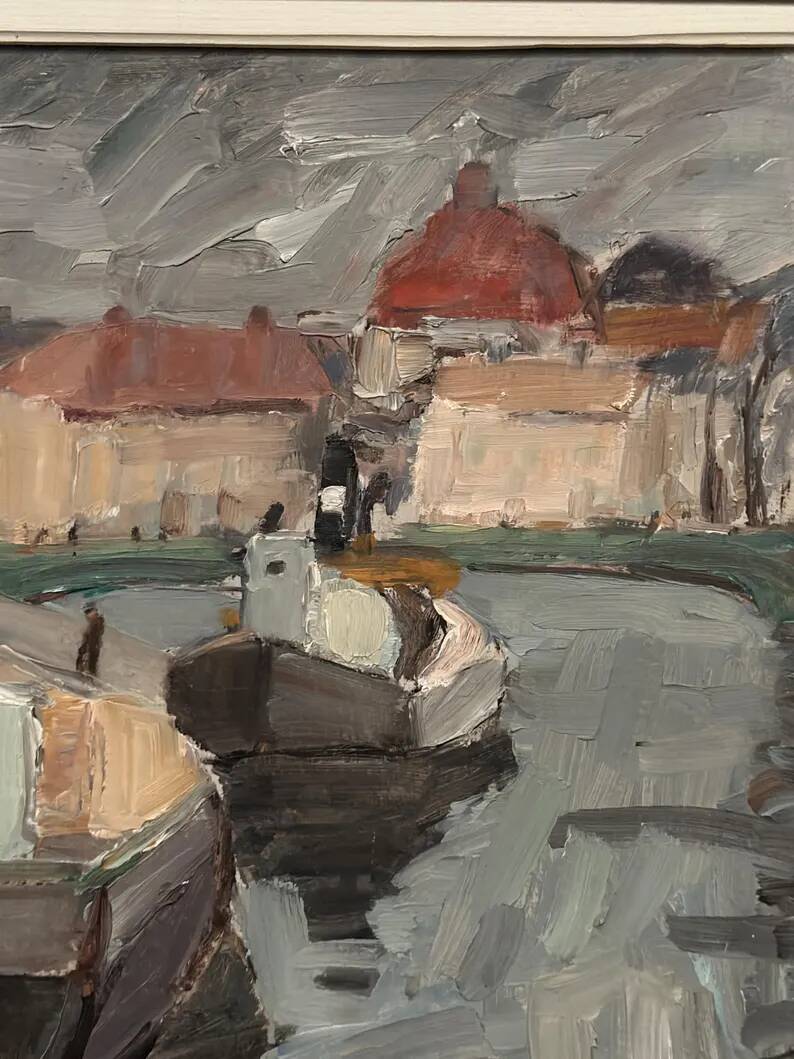 Original Swedish Oil on Canvas –“Harbour” by Georg Andersson – Signed – Vintage & Framed – 52 × 40 cm (20.4" x 15.7")