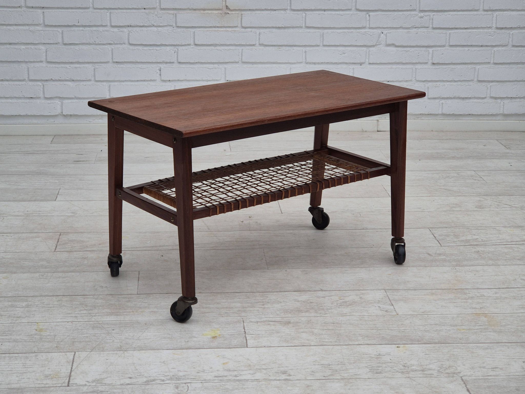 1970s, Danish side table, original very good condition, teak wood, rattan.