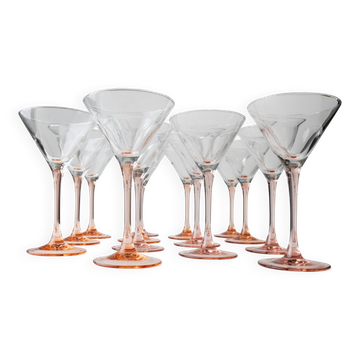 14-piece Pink Verre-et-Cristal Luminarc Martini Glass Set, 1980s Memphis Style Glassware, France Gift Idea