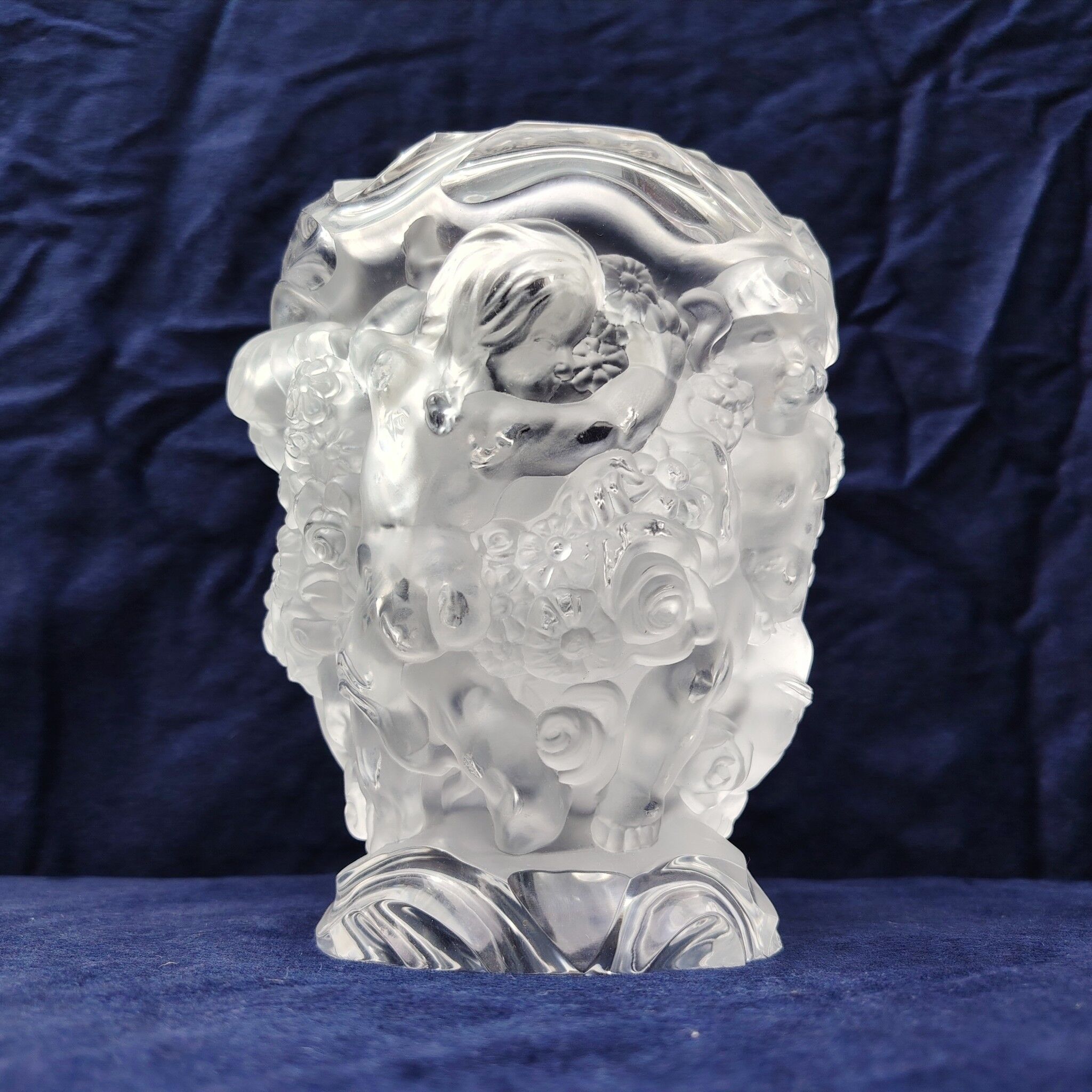 Frosted glass vase, decorated with cherubs and flowers, vintage.