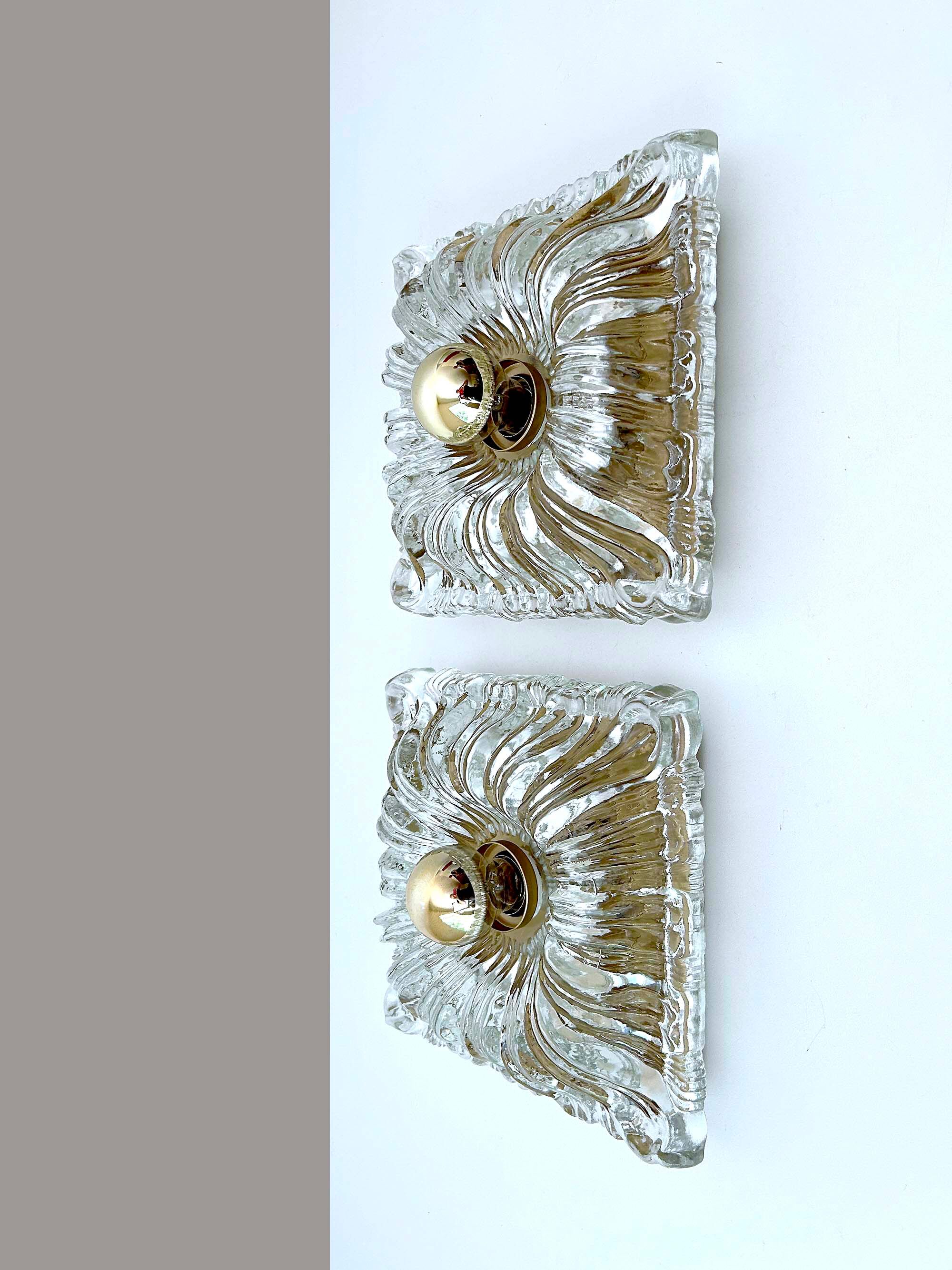 Pair large vintage architectonic wall lamps, 60s, glass