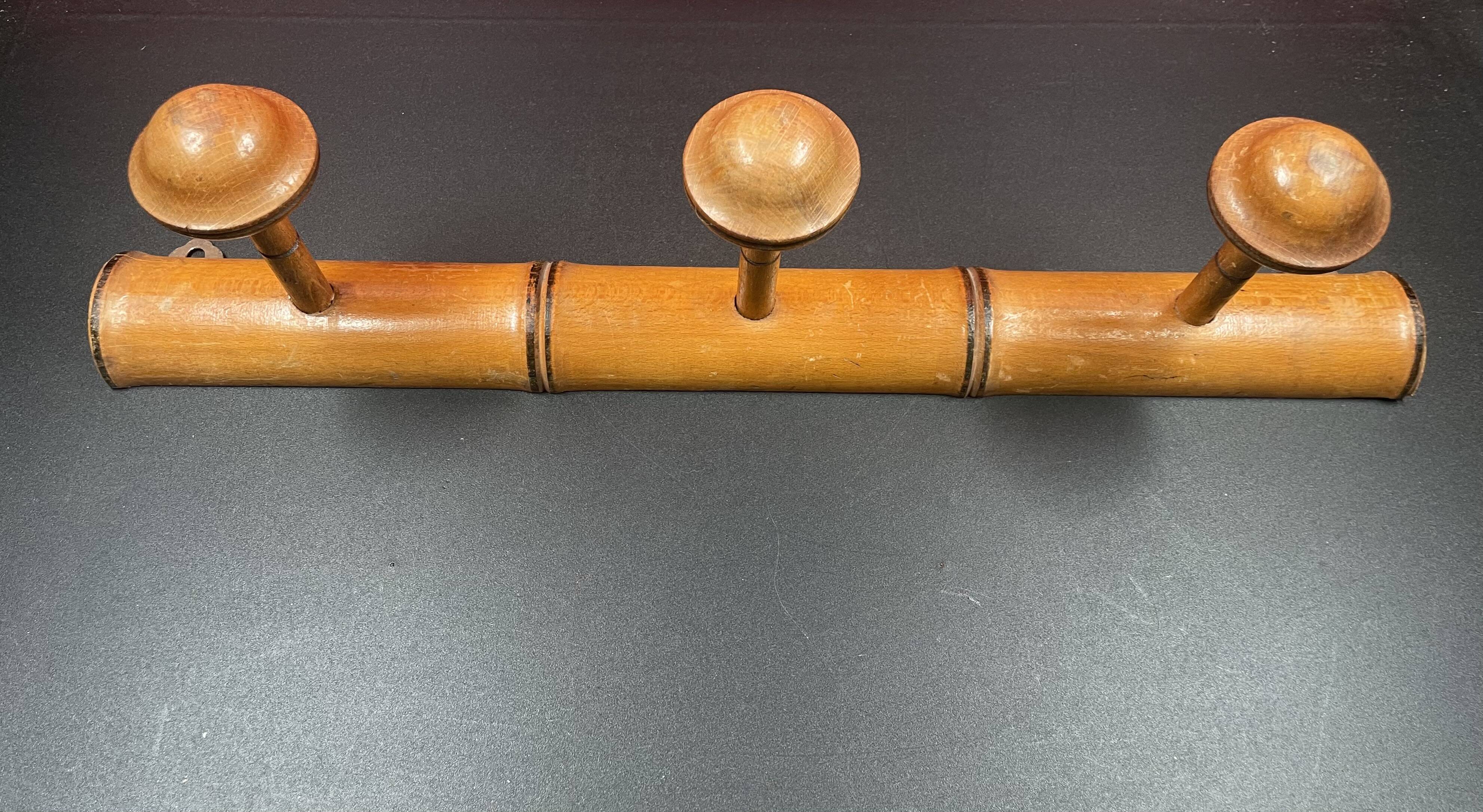 Old turned wooden coat rack 1930s bamboo style - 3 hooks