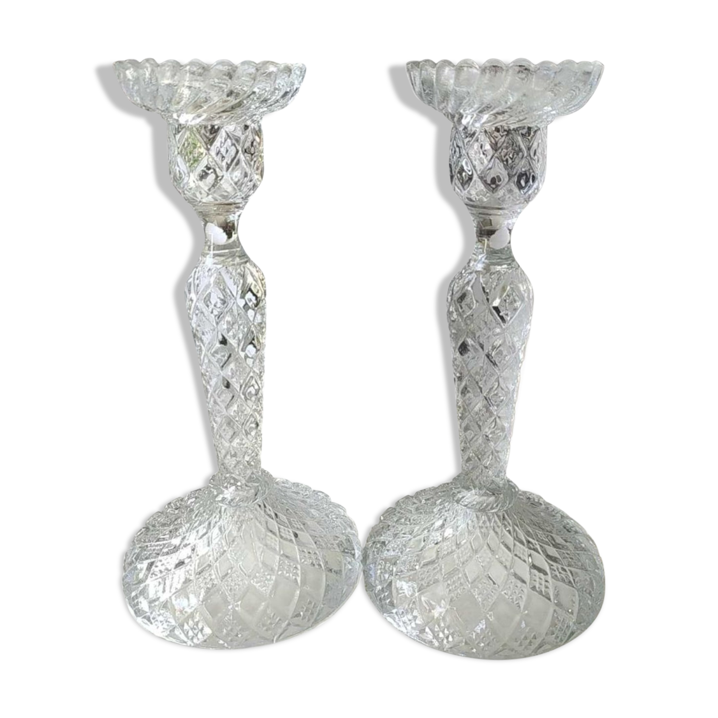 Pair of Bougeoirs flambeaux/Verrerie de Portieux, molded glass. Cross patterns, corolla shape