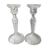 Paire de Bougeoirs flambeaux/Verrerie de Portieux, verre moulé. Motifs croisillons, forme corolle