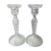 Pair of Bougeoirs flambeaux/Verrerie de Portieux, molded glass. Cross patterns, corolla shape