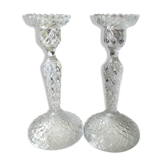 Pair of Bougeoirs flambeaux/Verrerie de Portieux, molded glass. Cross patterns, corolla shape