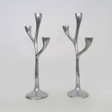 Paire de bougeoirs italiens "Arbre" en fonte d'aluminium années 80