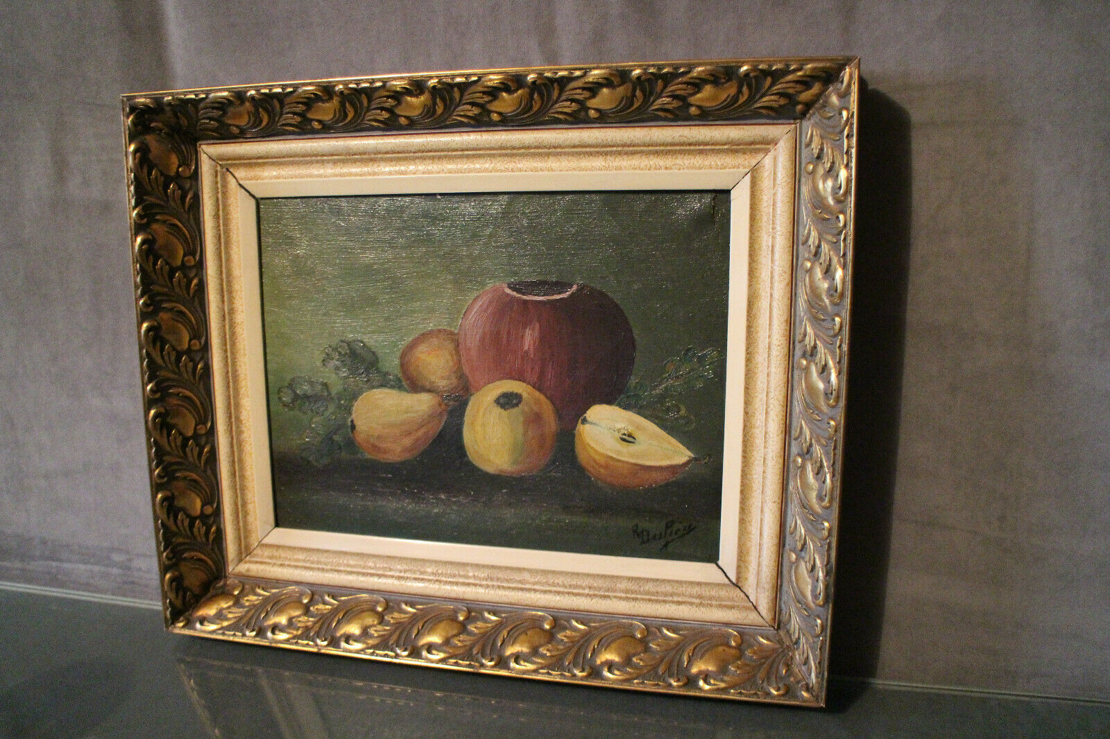 Table oil on canvas still life frame golden wood Regency style