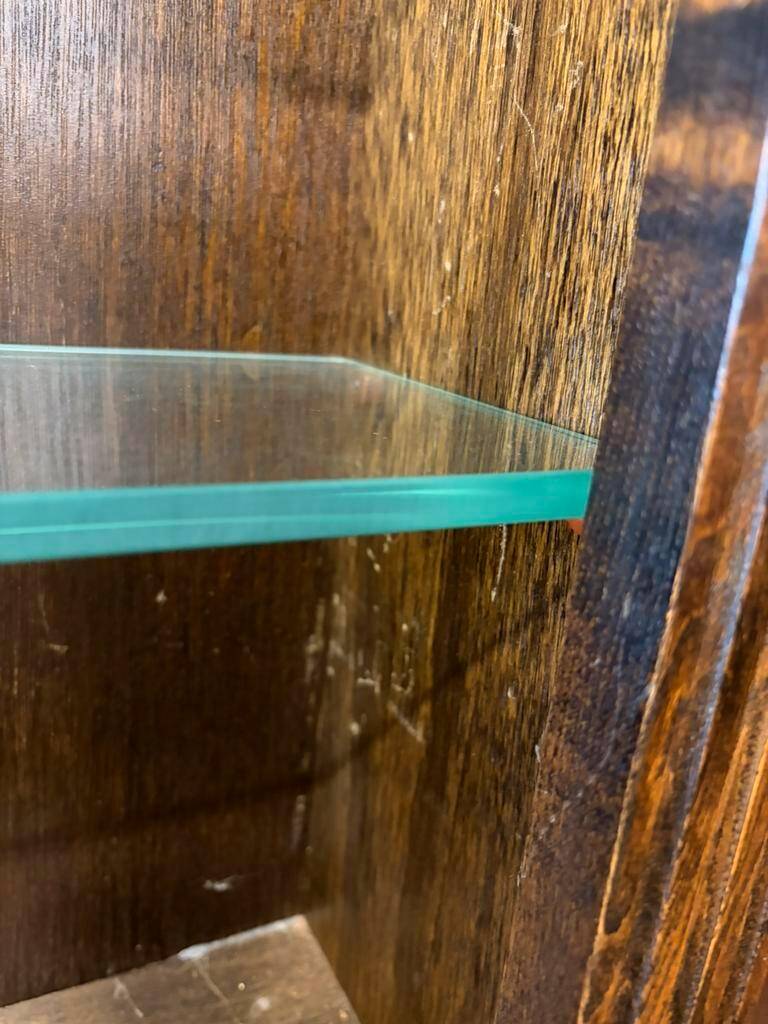 Vintage shallow wall display cabinet in wood / shelf