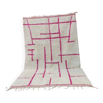 Large Moroccan Berber rug in cream wool and fuchsia pink 300 x 200 cm