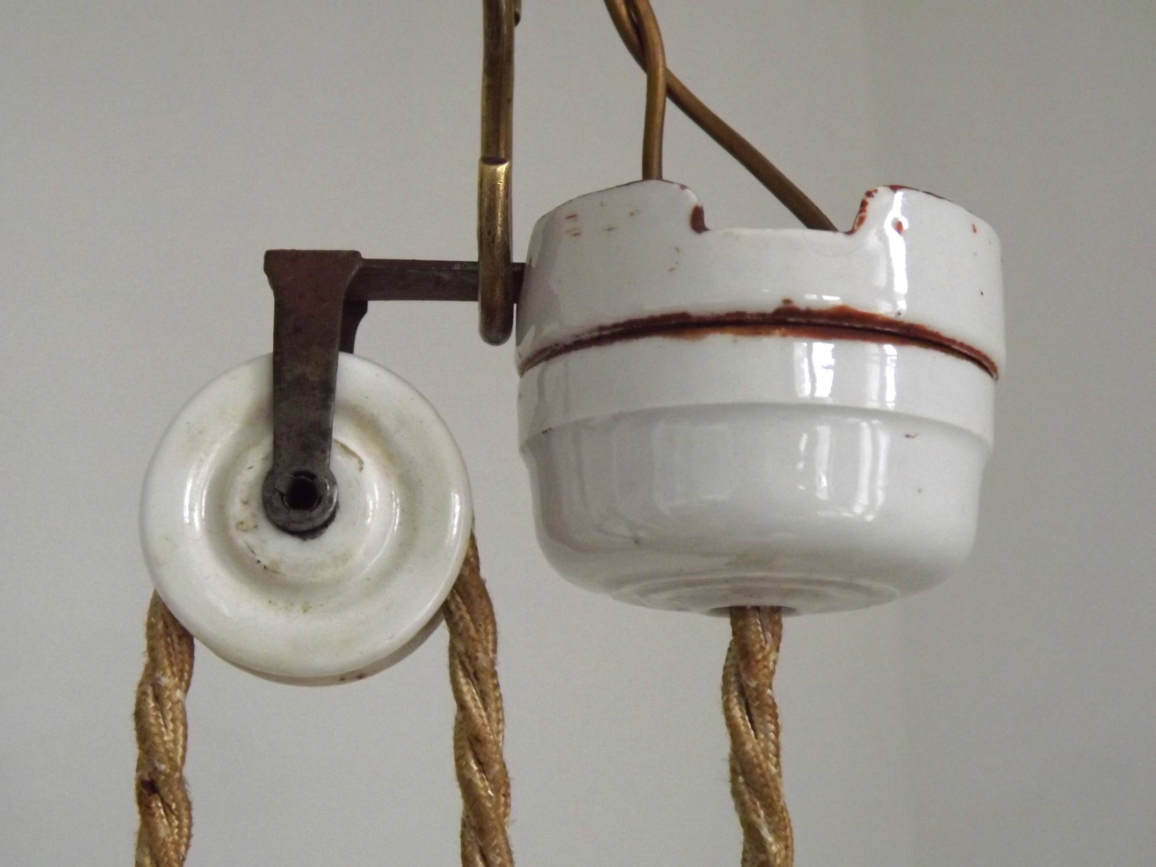 Vintage French Rise & Fall Counterbalance Ceiling Light Opaline Glass Shade