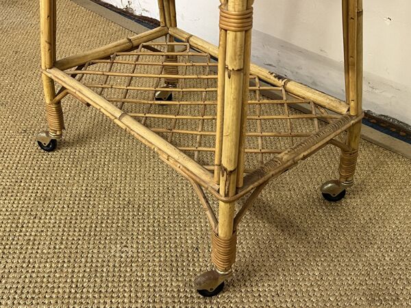 Desserte roulante / table d'appoint en bambou et rotin, 1960