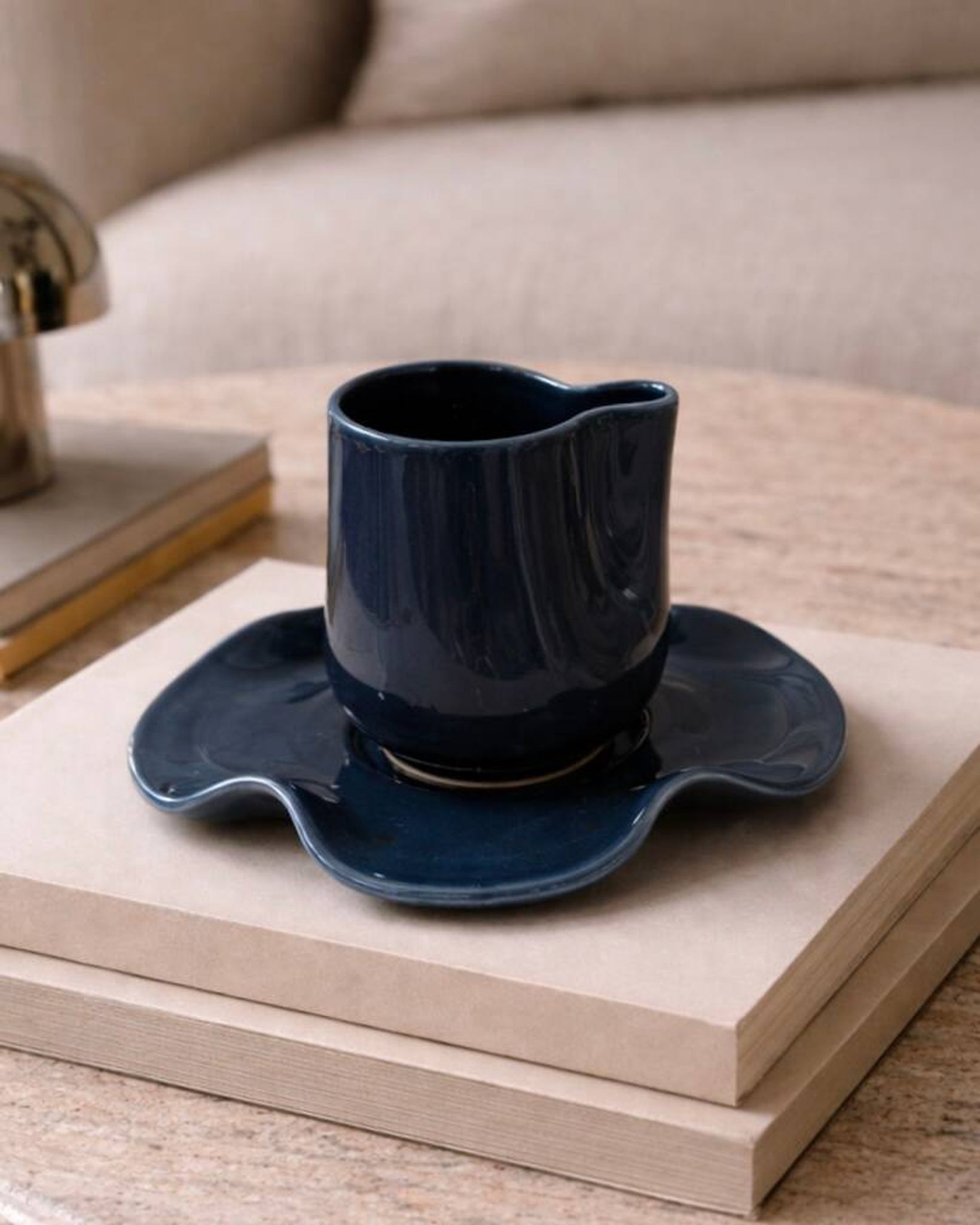 Set tasse & soucoupe ondulée céramique - bleu pétrole