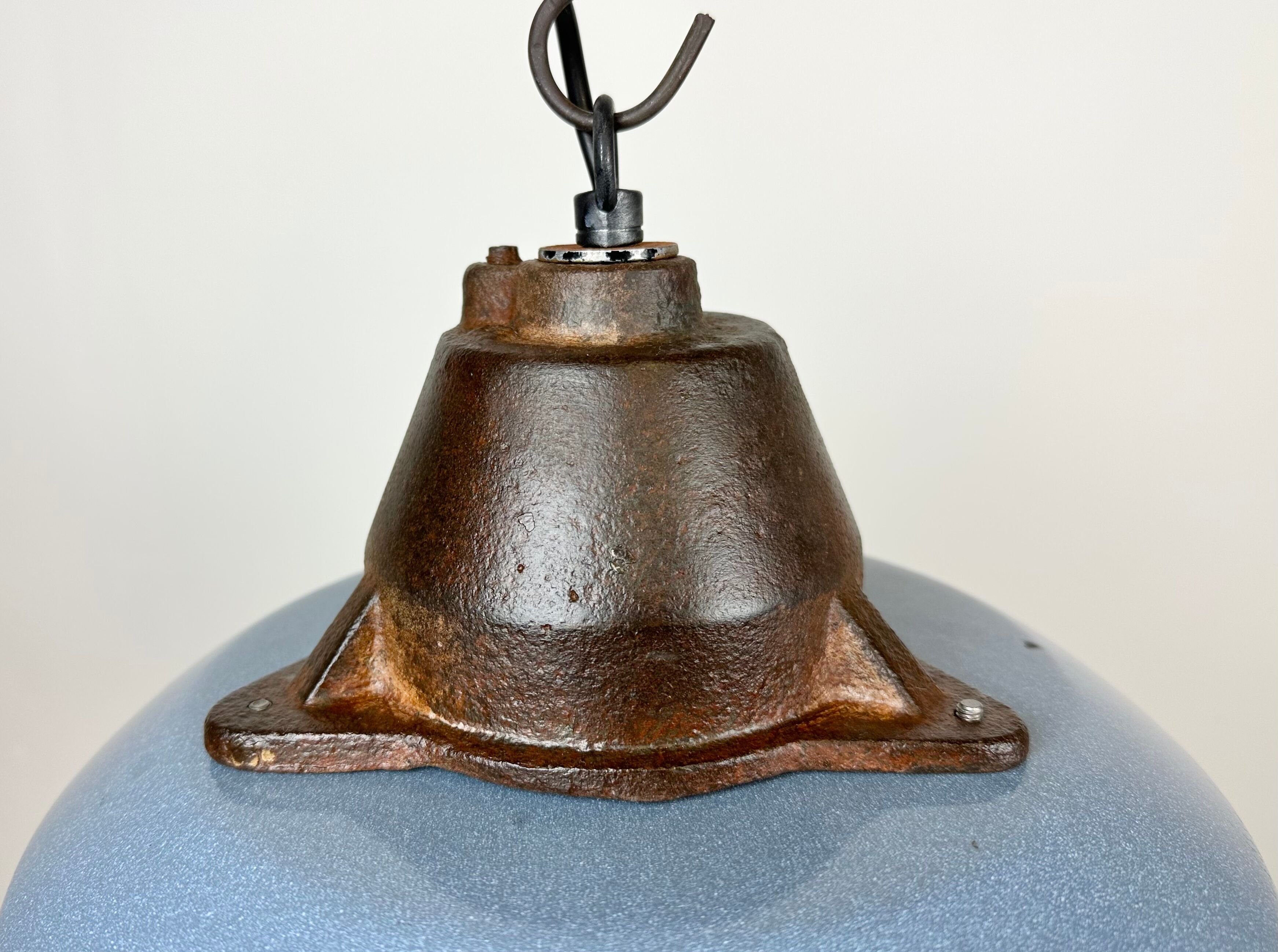 Industrial Grey Enamel and Cast Iron Pendant Light with Glass Cover, 1960s