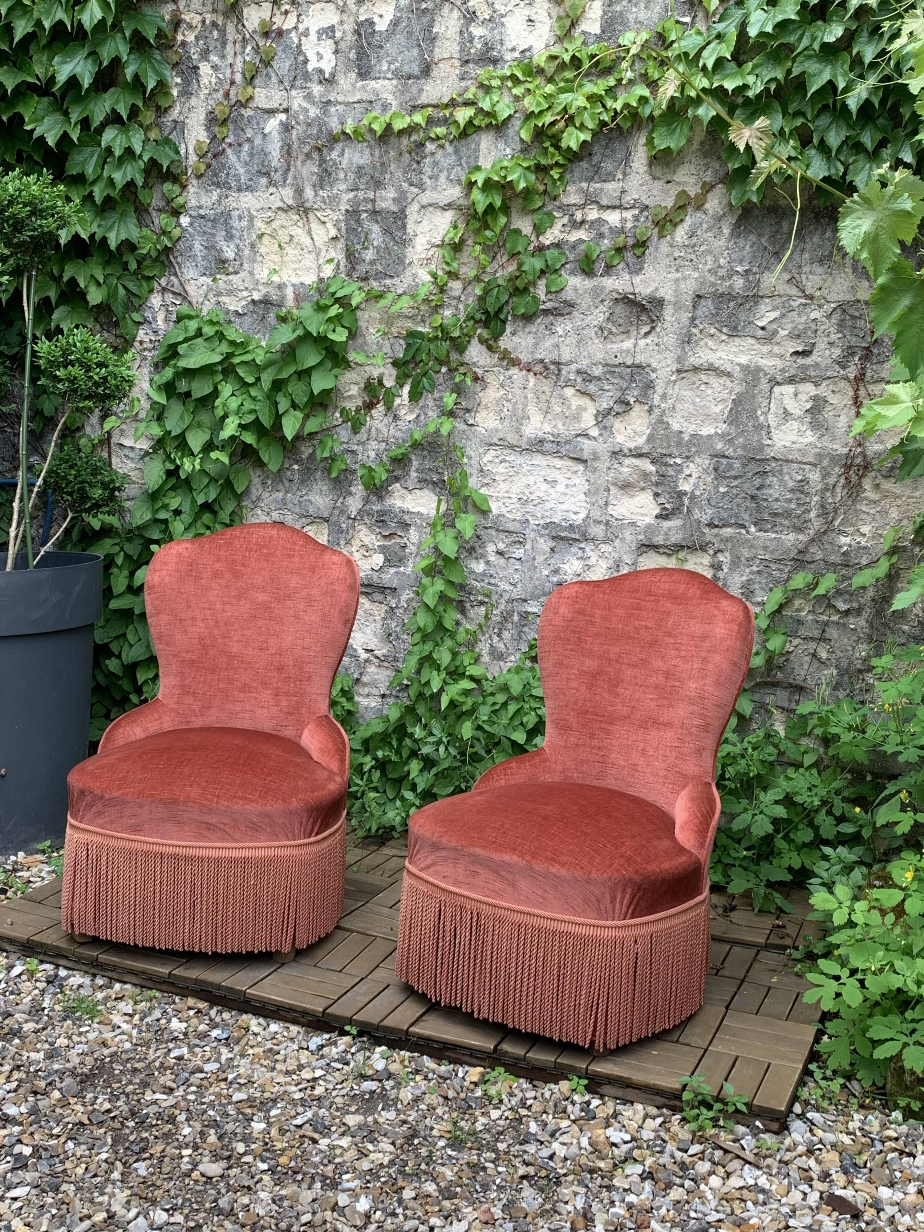 Pair of vintage pink velvet toad armchairs 1960