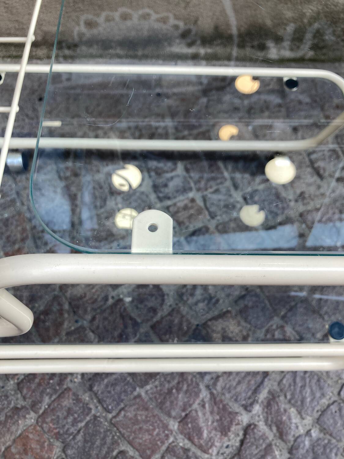 70s rolling trolley in glass and cream metal