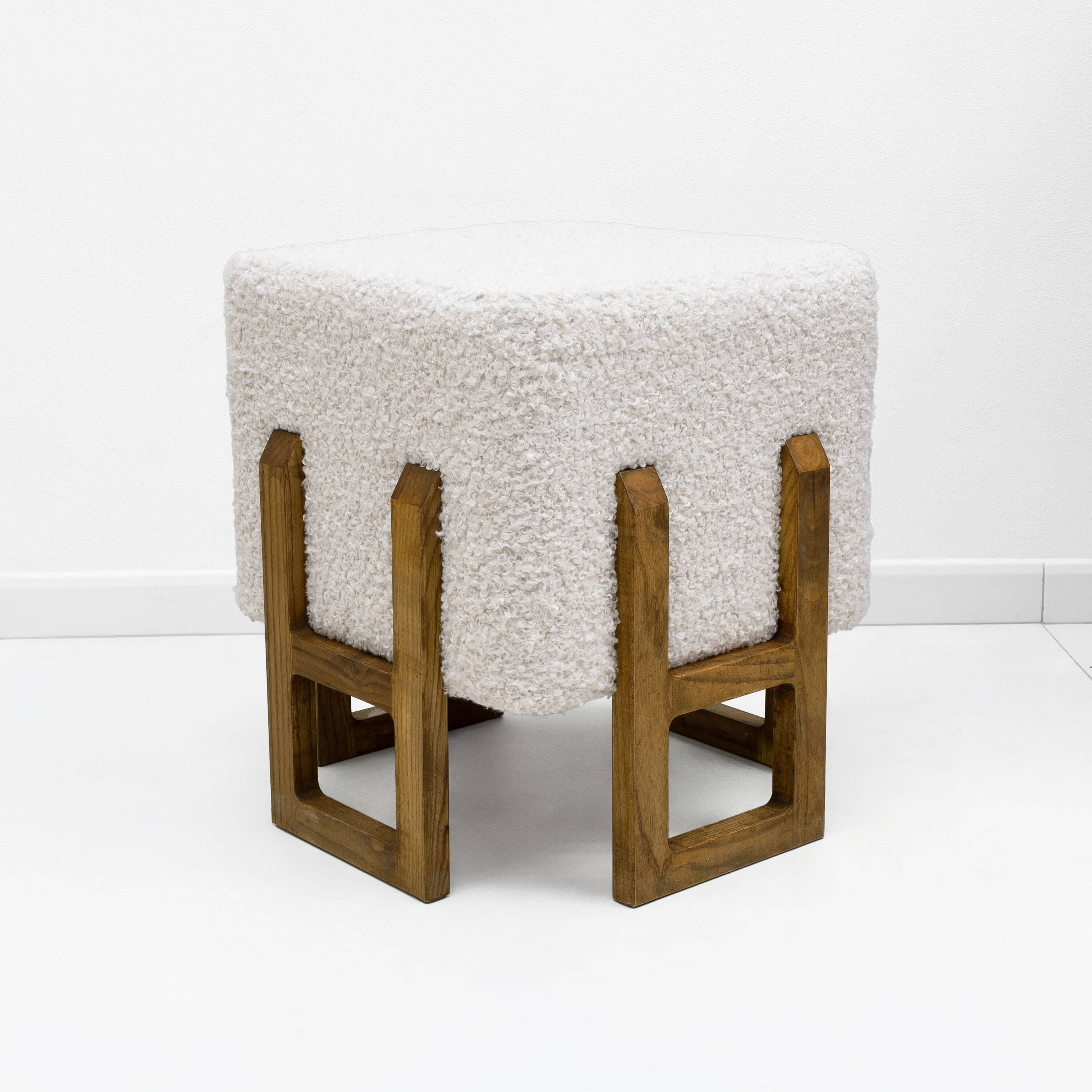 Pair of Italian Modernist Ash Wood Stools Upholstered in White Bouclé