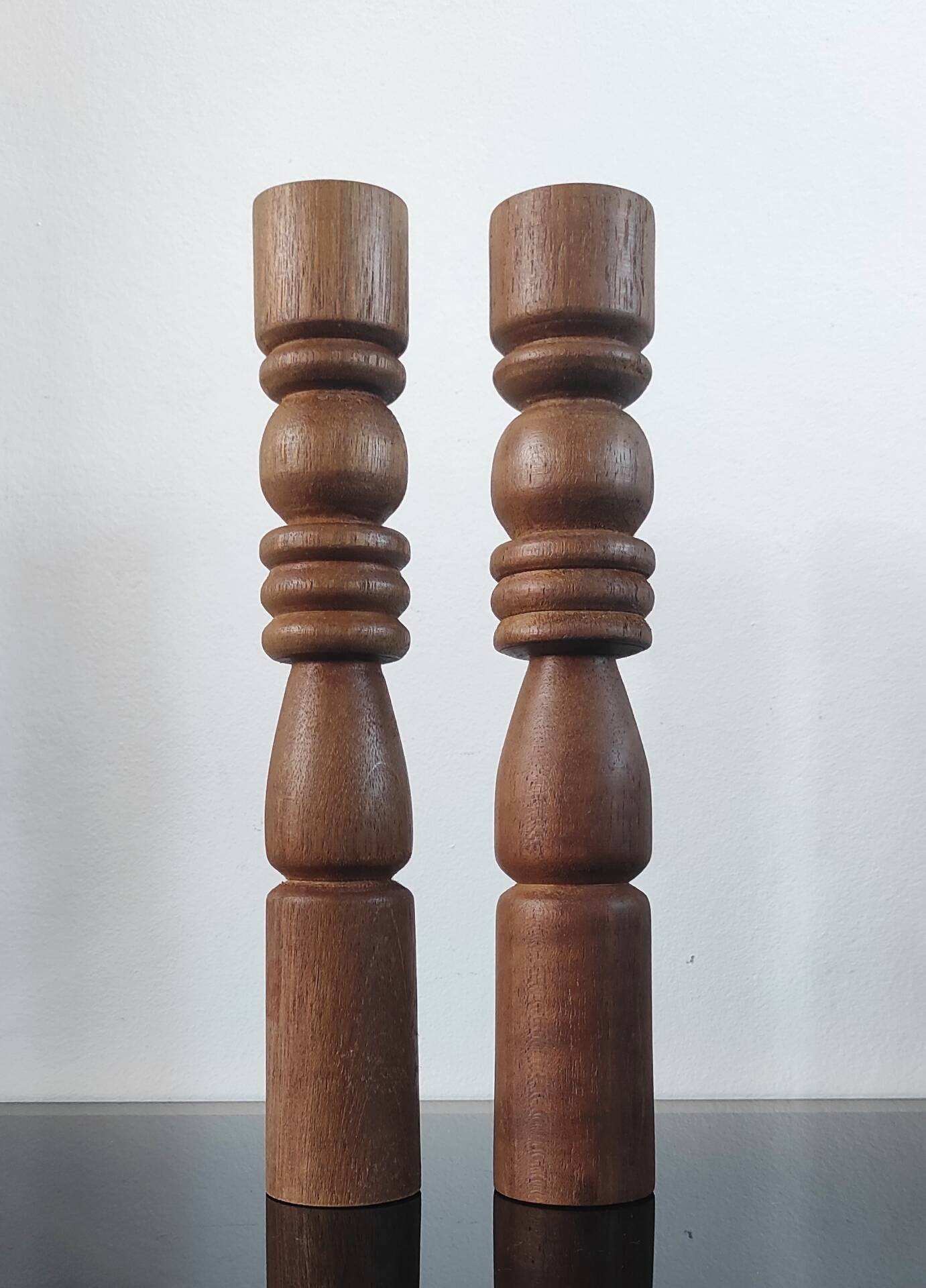 Brutalist turned wood candlestick pair