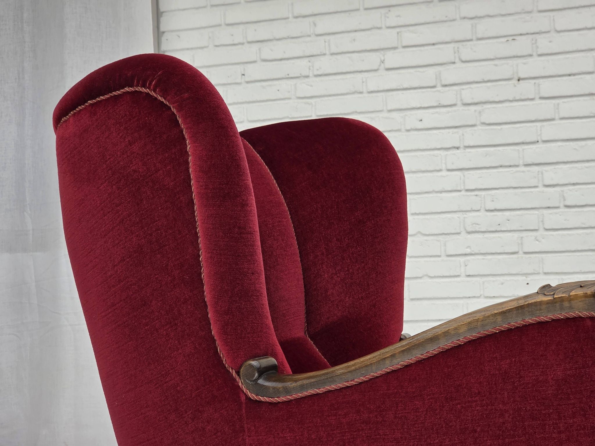 1960s, Danish relax chair, cherry-red furniture velour, oak wood.