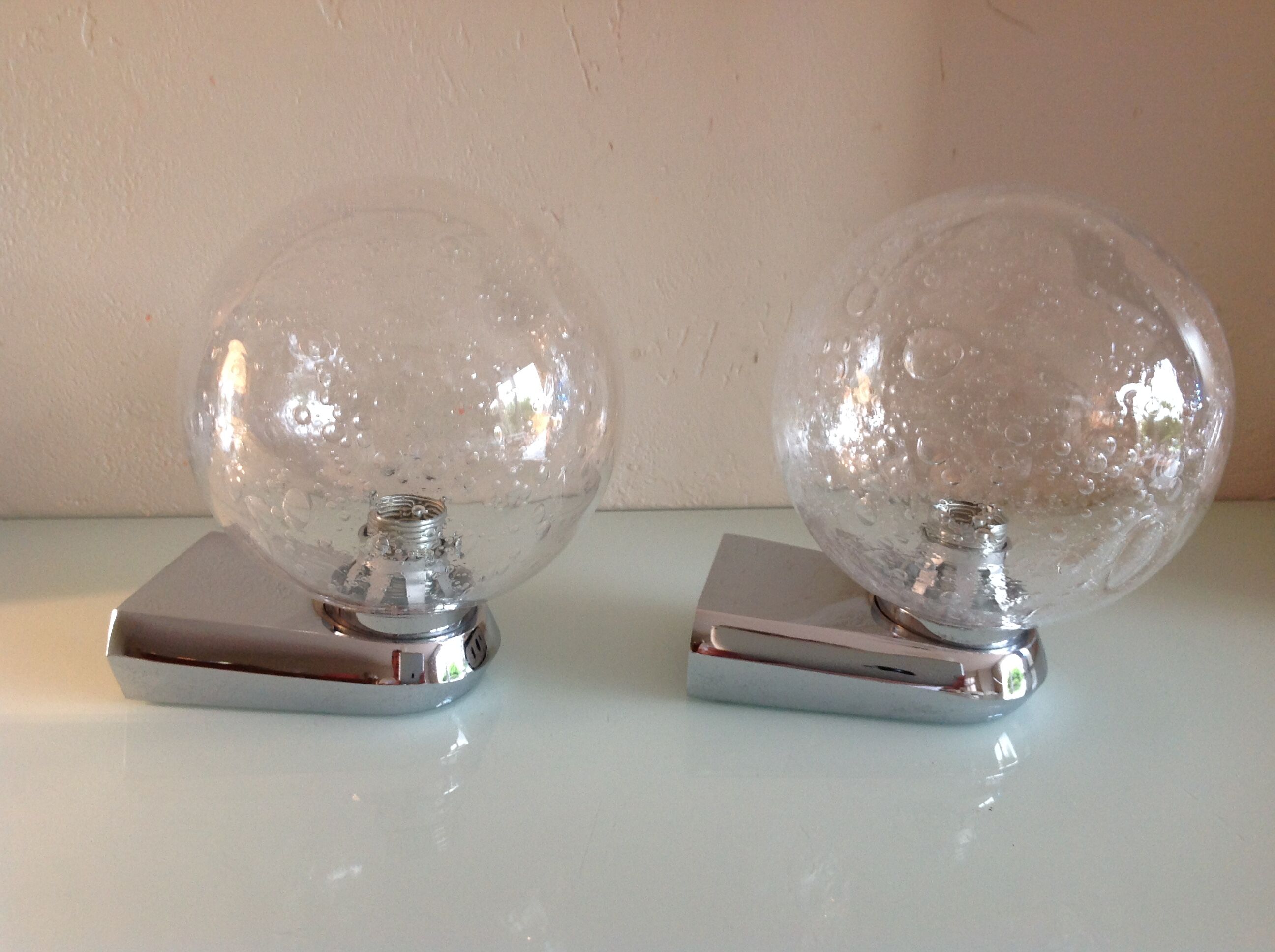 Pair of chrome sconces and crystal globe bubbled by Keuco / vintage 70s