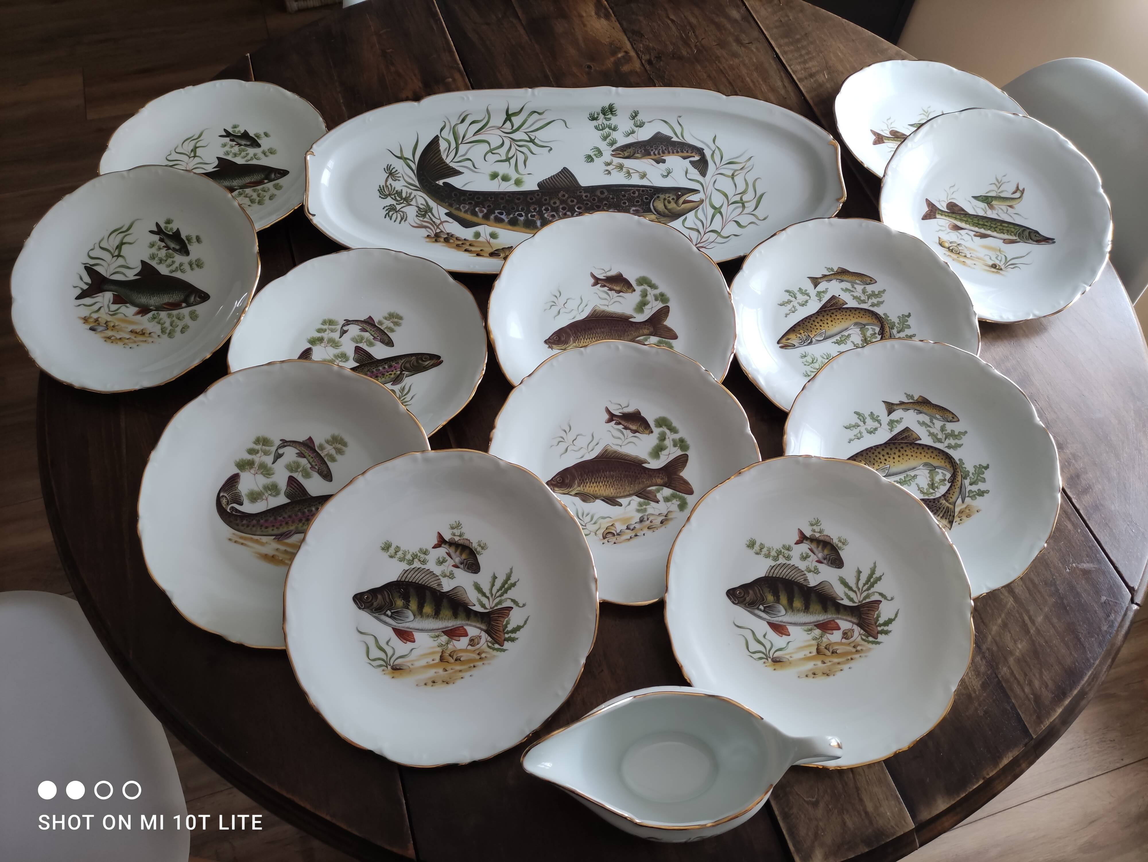 Service à poisson vintage en porcelaine de Sologne Lamotte décor poissons d'eau douce