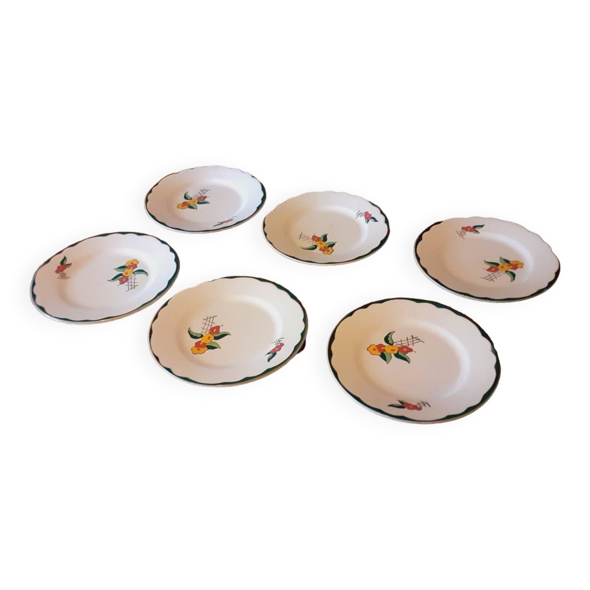 6 Charbonnier-Salins dessert plates circa 1930