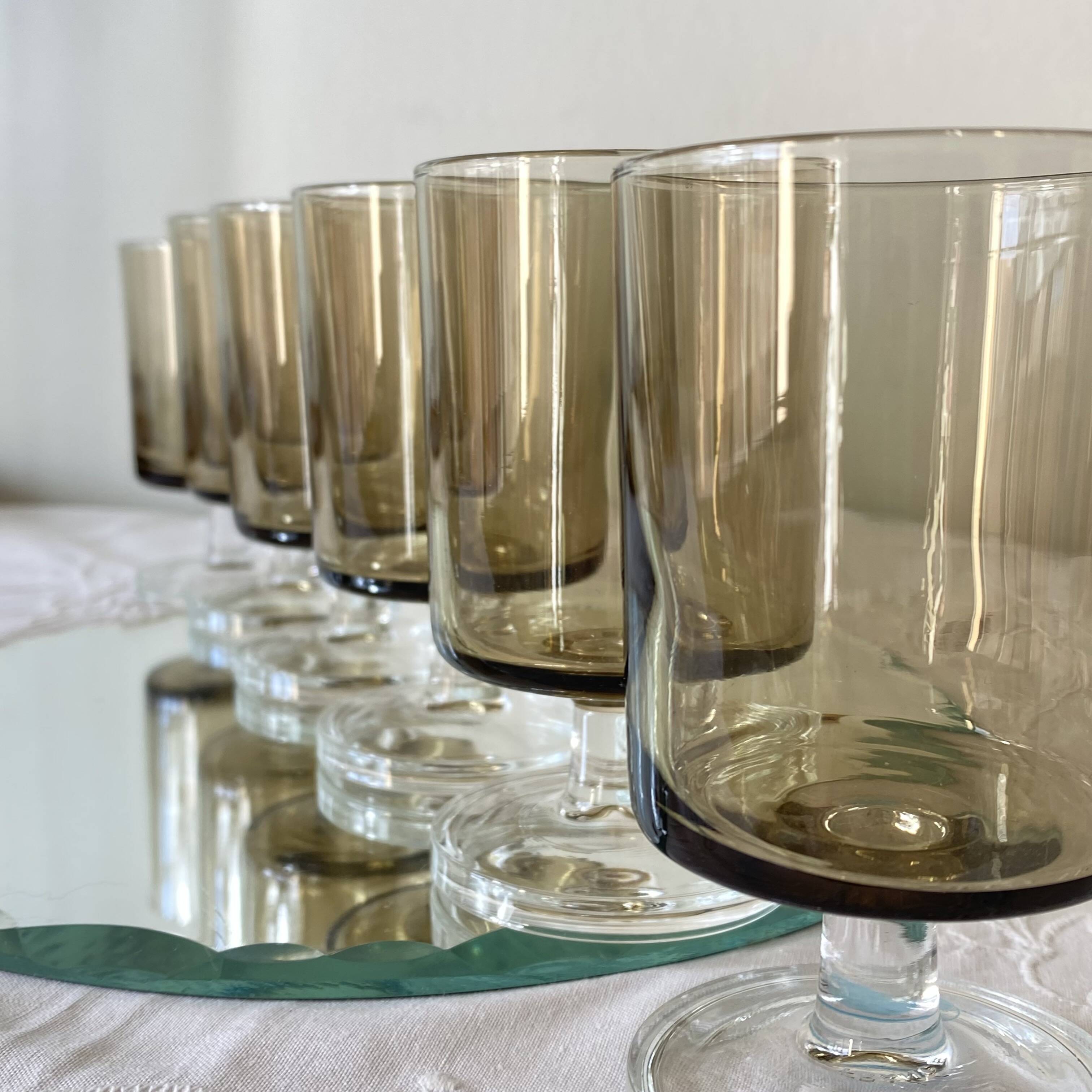 6 vintage grey smoked glasses Luminarc model Sweden wine or water glasses