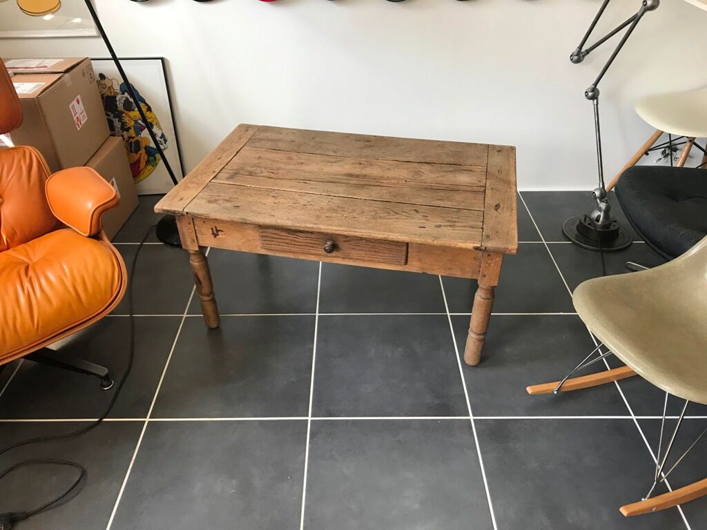Rustic farm coffee table turned feet with 1 1930 drawer