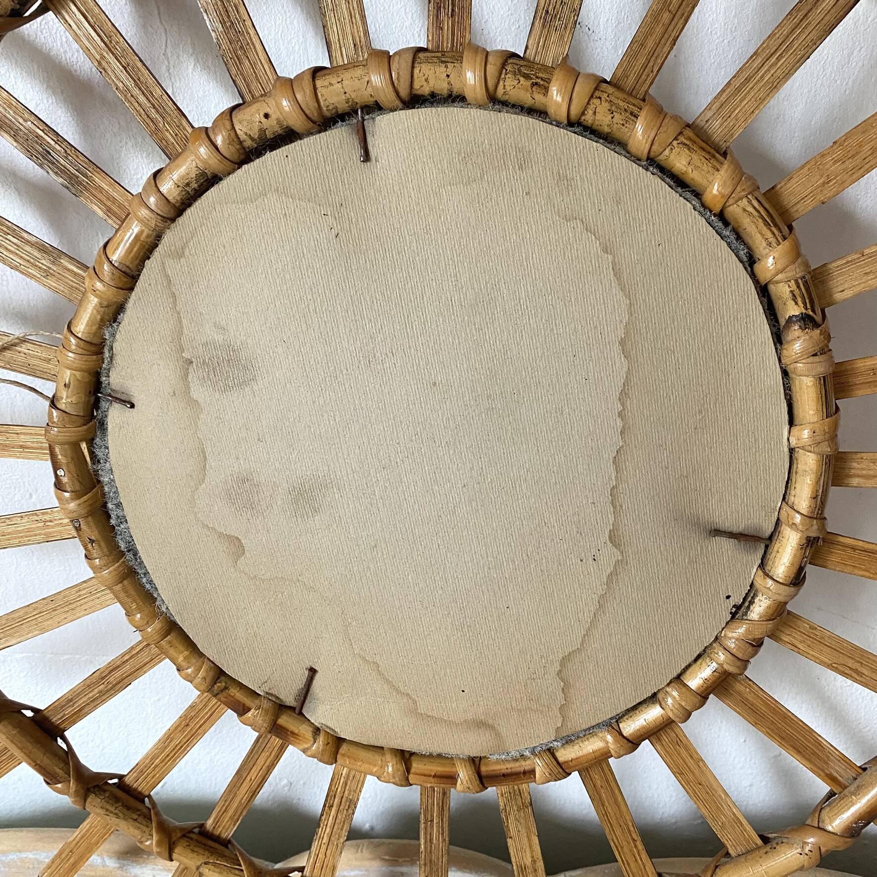 Miroir soleil en rotin années 60-70
