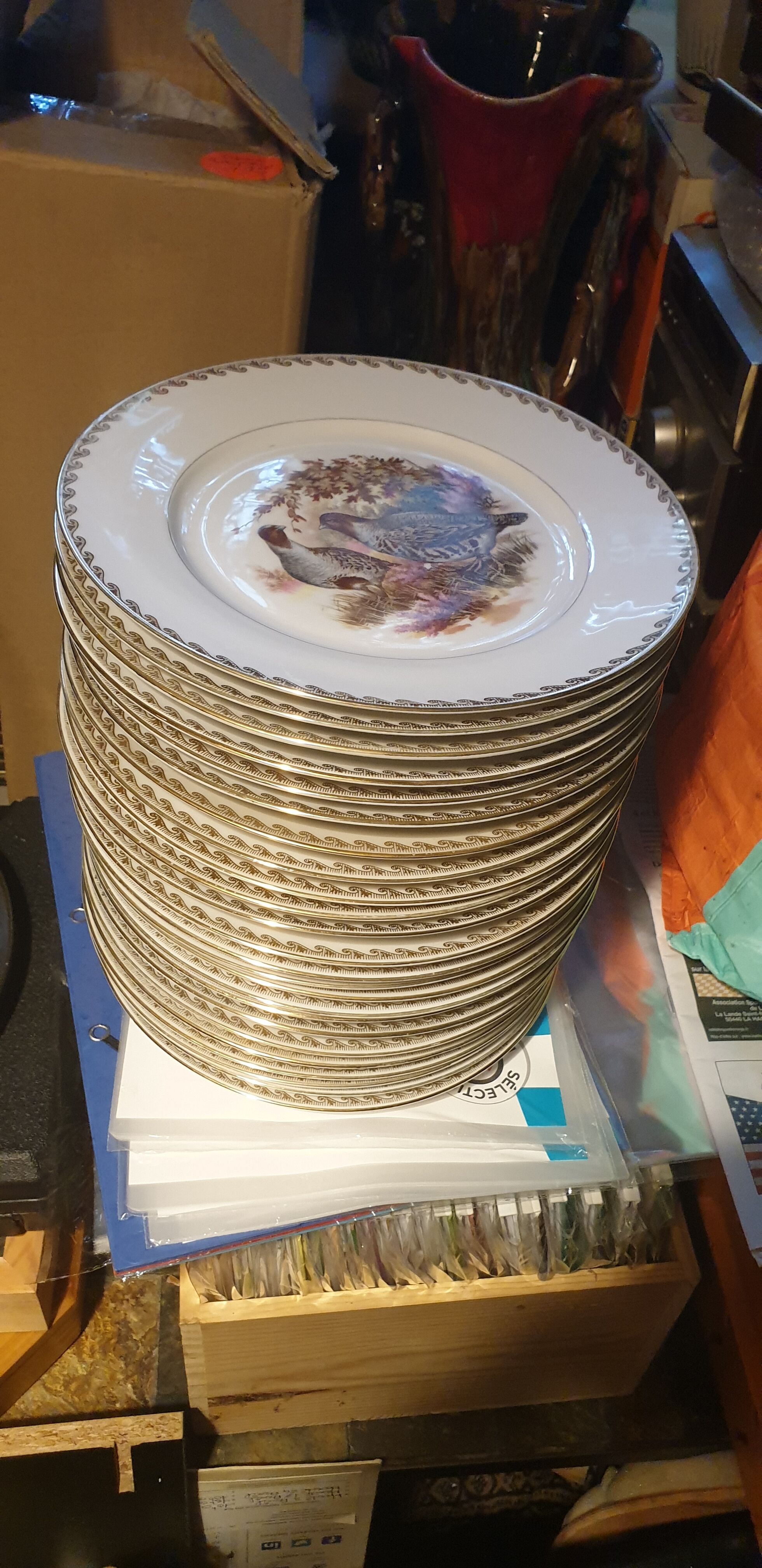Lot de 24 assiettes plates scènes de gibiers