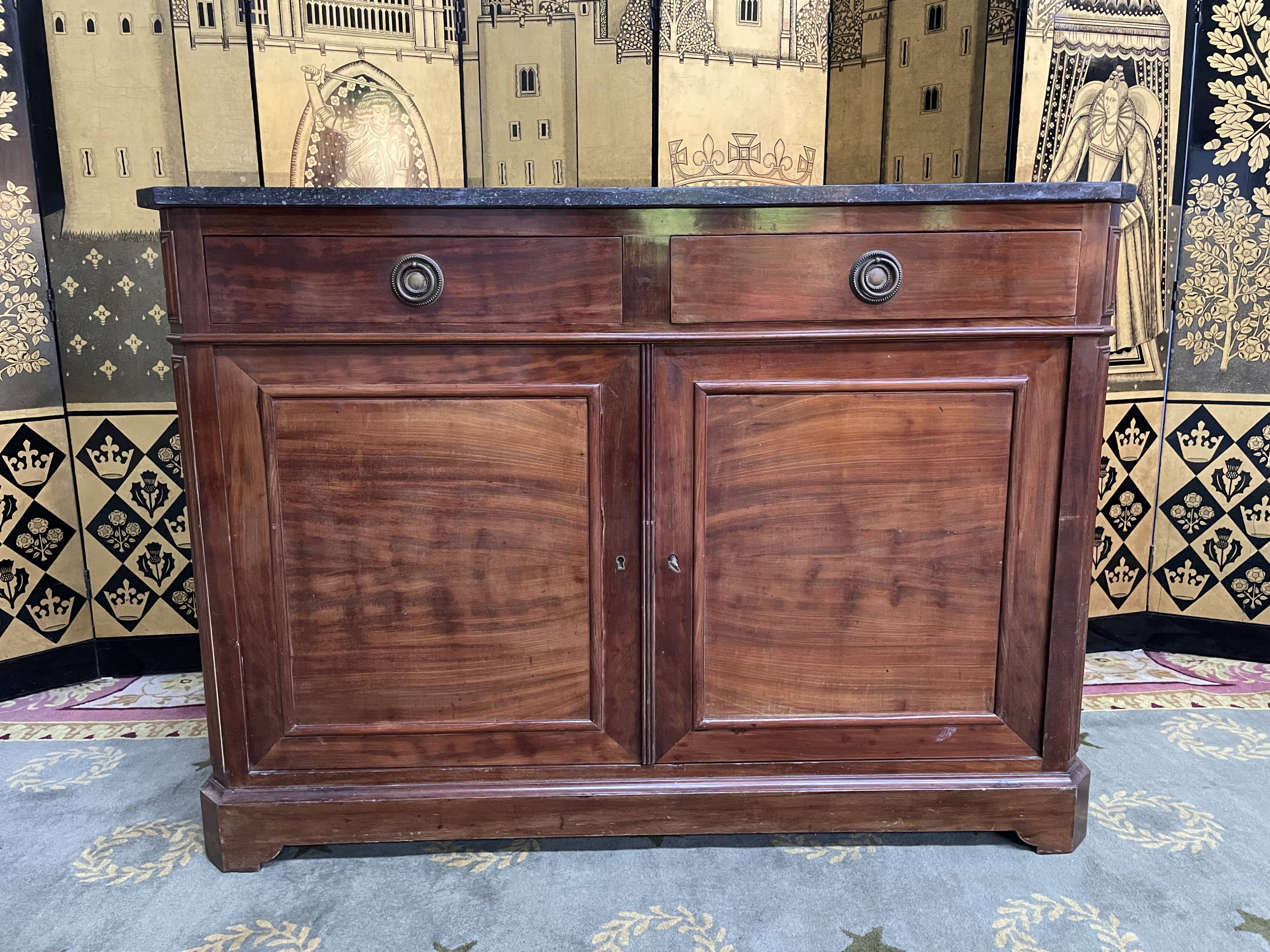 Louis Philippeen low sideboard mahogany and black marble 1900