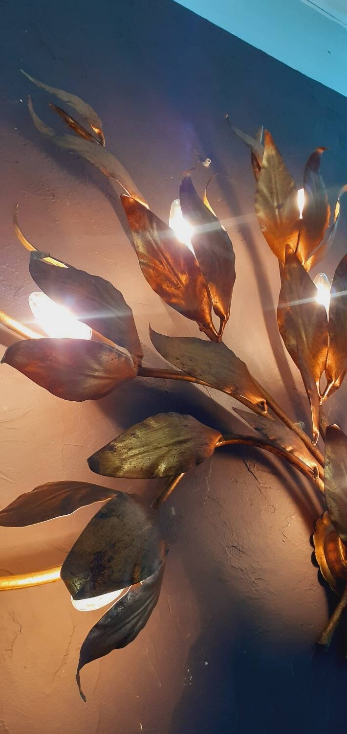 Monumental Vintage Wall Lamp with Golden Leaf Decor by Hans Kögl, 1960s