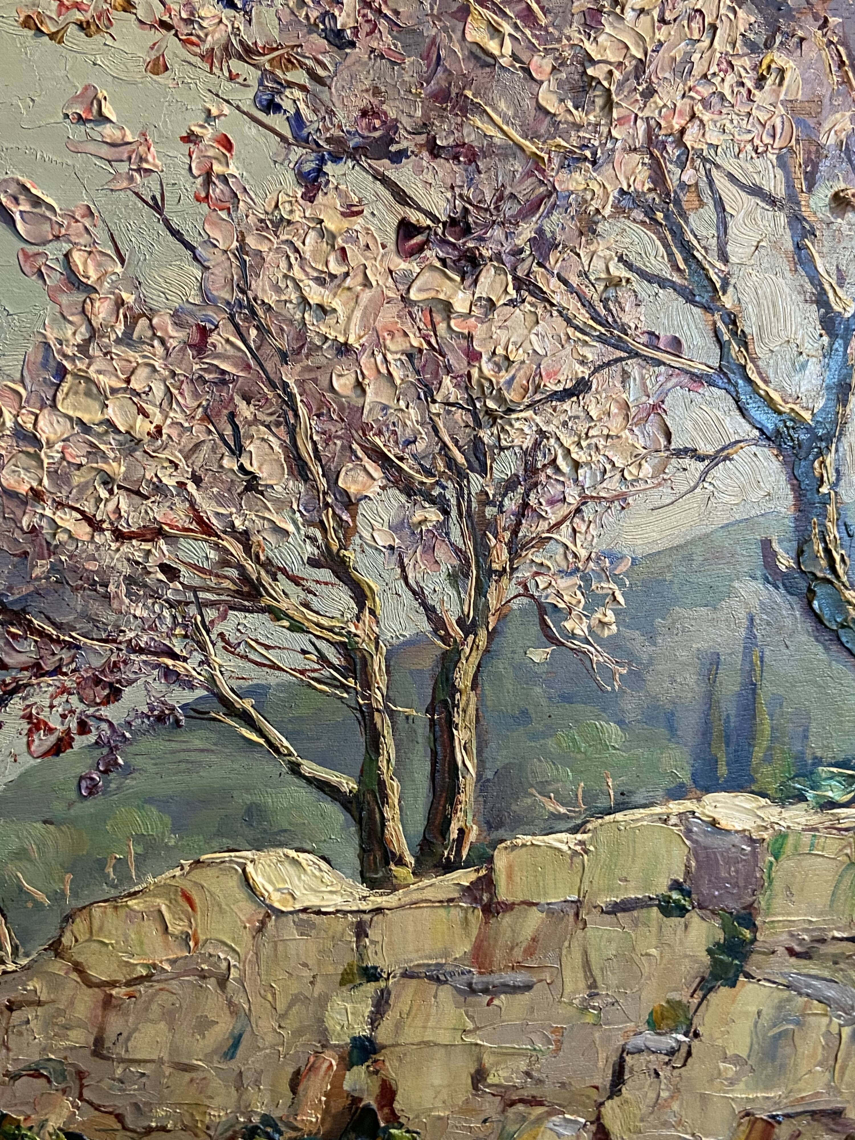 Landscape painting view from the village of Les Angles, Gard, Avignon, Hurard 1887-1956